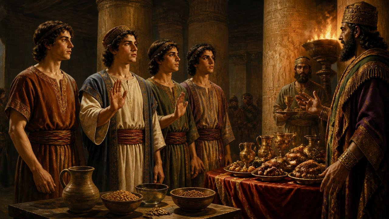 Four young Hebrew captives in a Babylonian palace declining the king's meat and wine for pulse and water