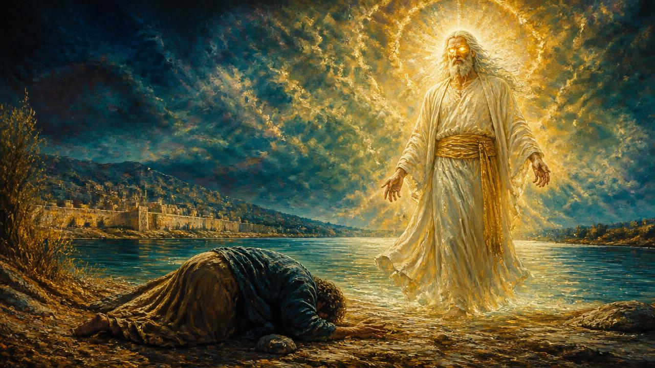 A radiant being clothed in linen above a river while a prostrate prophet trembles