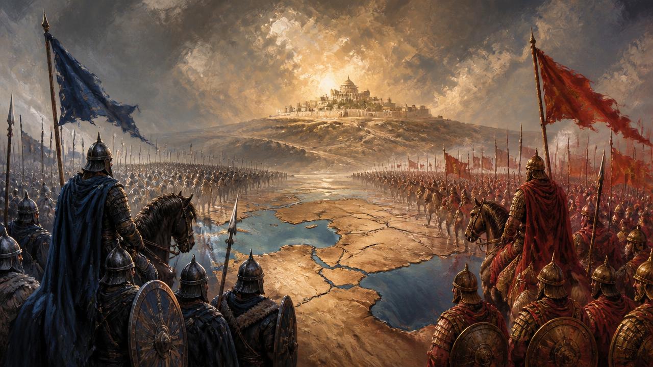 Armies of a northern and southern king marching toward each other across an empire landscape