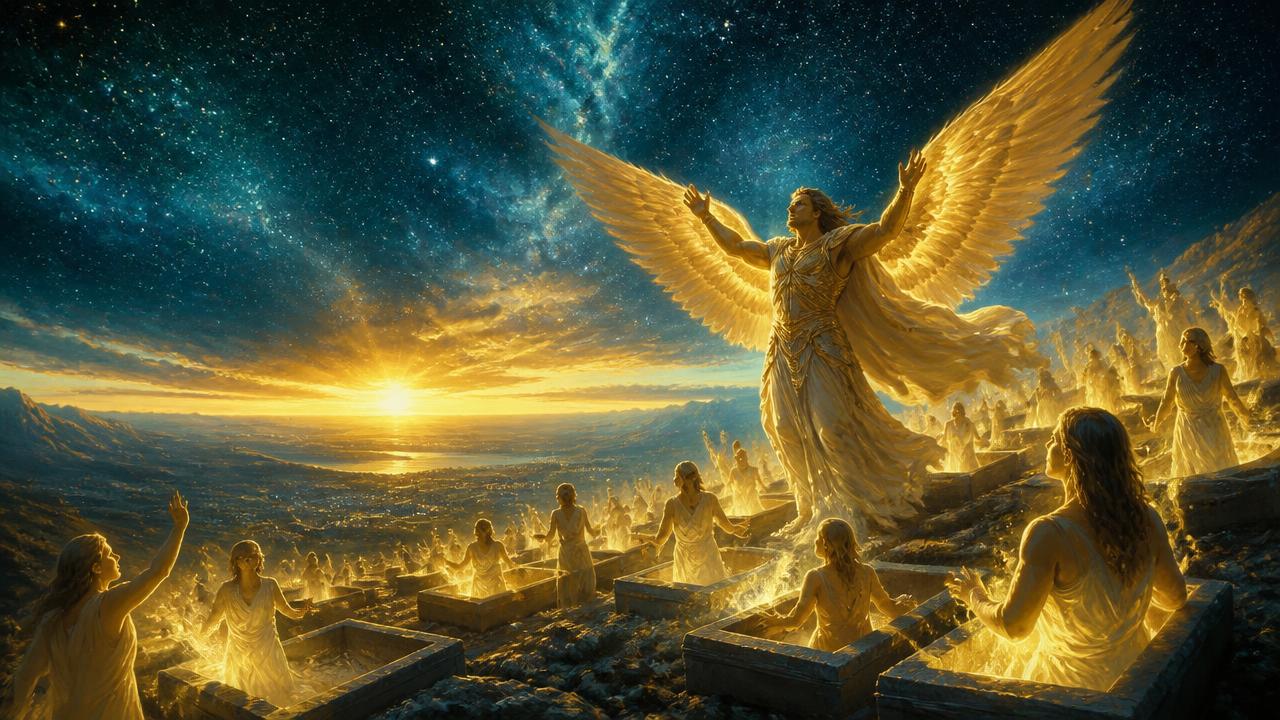 Graves opening at dawn as radiant figures rise beneath a starlit sky