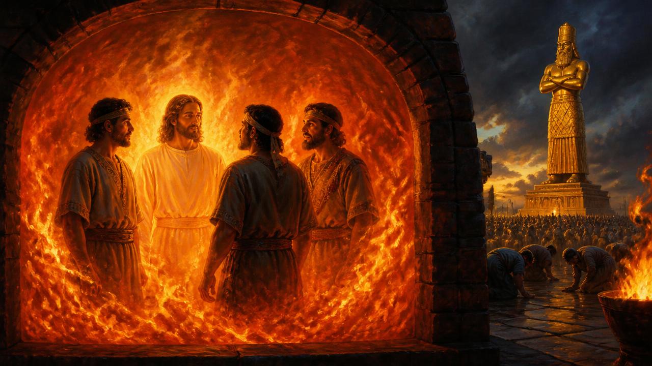 Three men standing unharmed in a furnace with a fourth radiant figure, a golden image outside