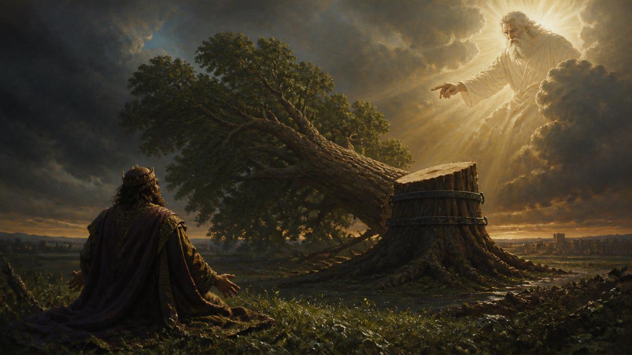 A great tree felled by a heavenly watcher, its stump banded with iron, a humbled king kneeling in the grass