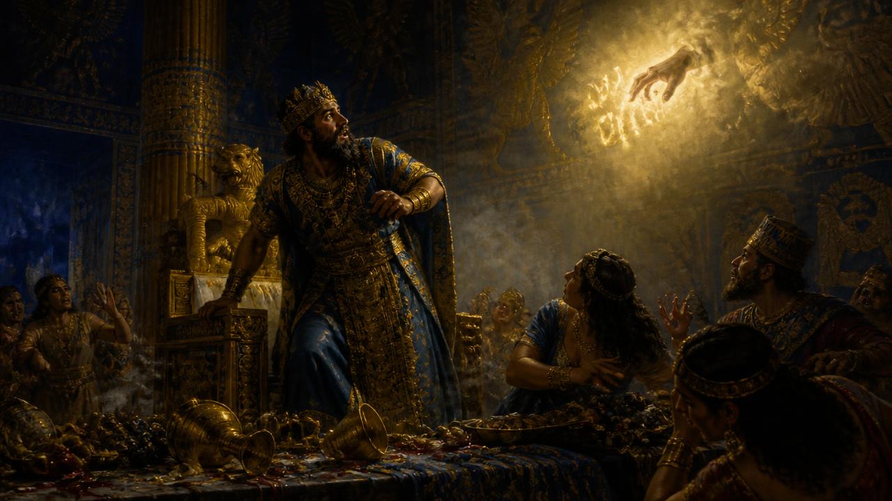 A hand writing on the wall of a Babylonian banquet hall as the king rises in terror