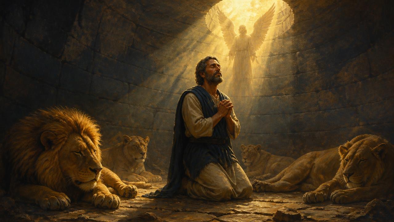 A man kneeling in prayer among resting lions in a stone den, light falling from above