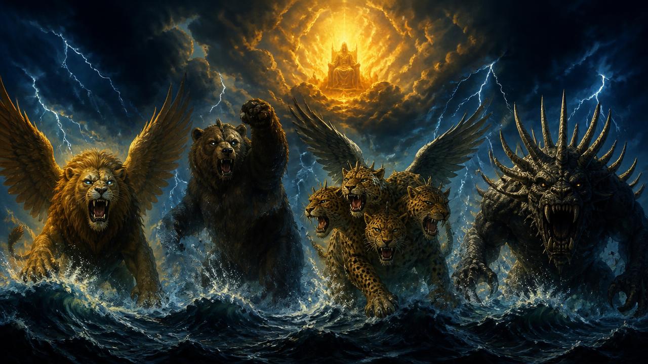 Four symbolic beasts rising from a storm-tossed sea beneath a throne of fire