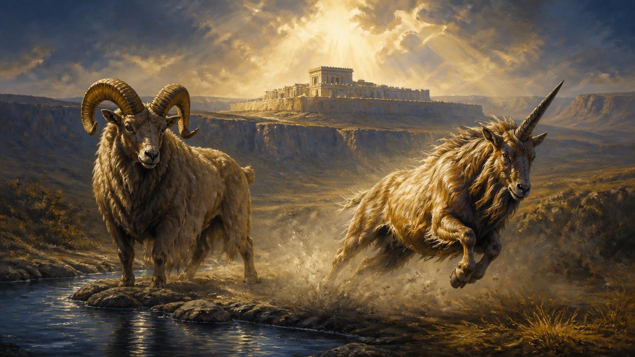 A two-horned ram and a charging one-horned goat before a distant sanctuary on a hill