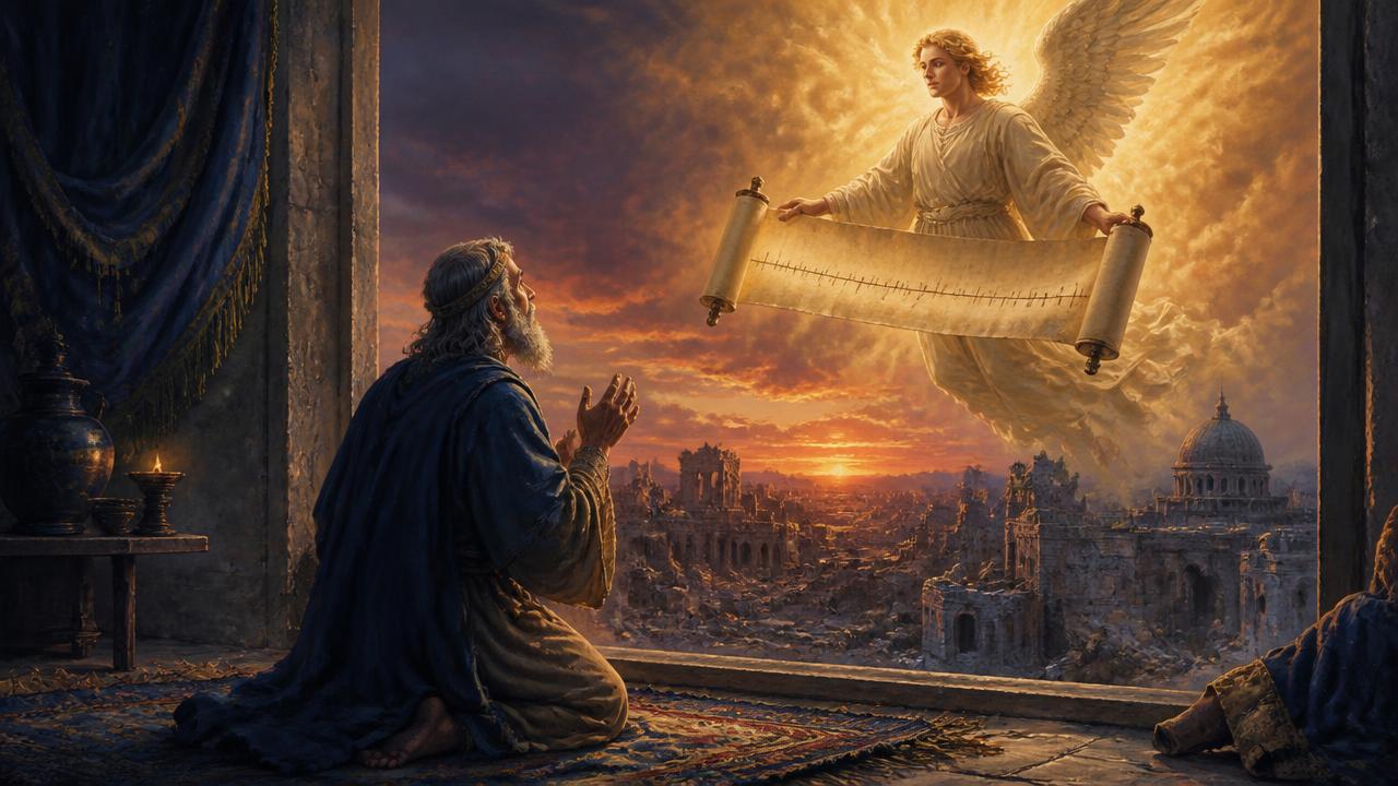 A prophet praying at an open window before a ruined city as an angel descends with a scroll