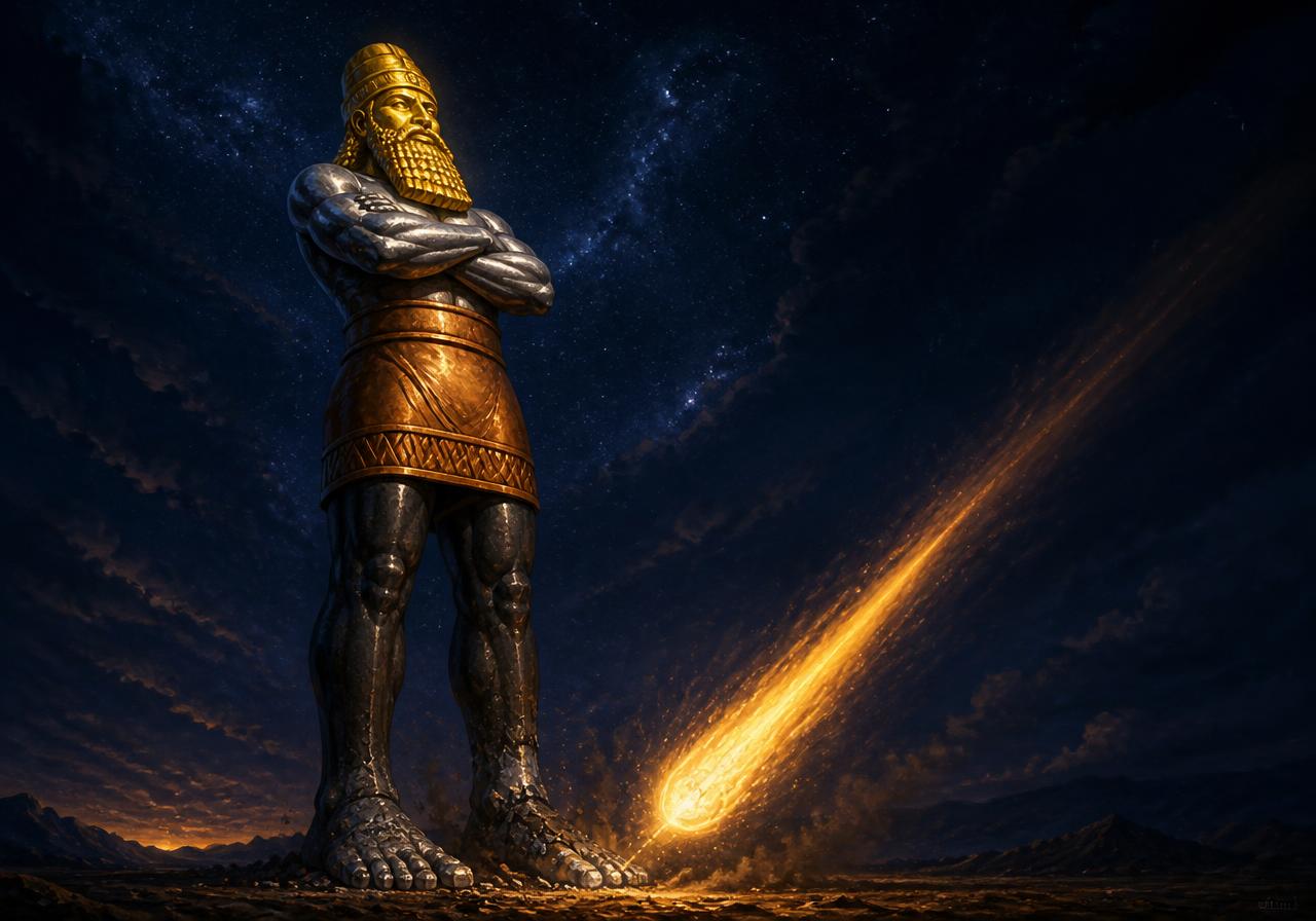 A colossal statue of gold, silver, brass and iron with feet of iron and clay, struck by a glowing stone