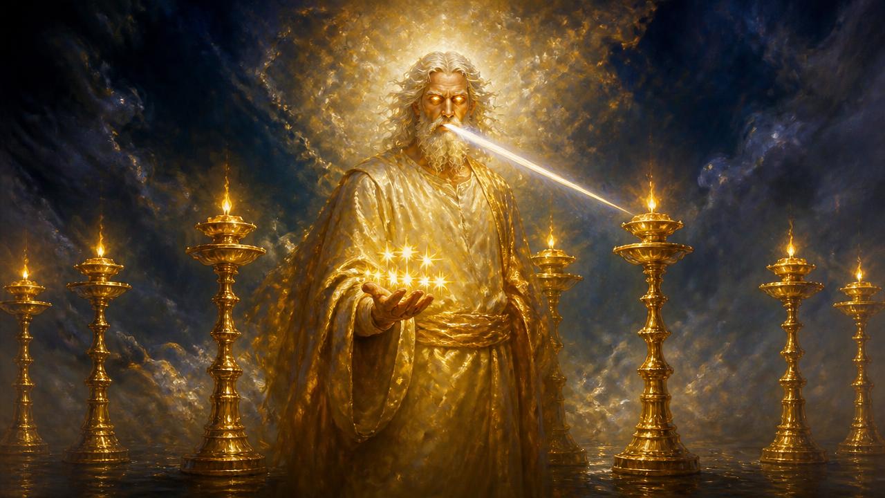 A glorified figure among seven golden lampstands holding seven stars