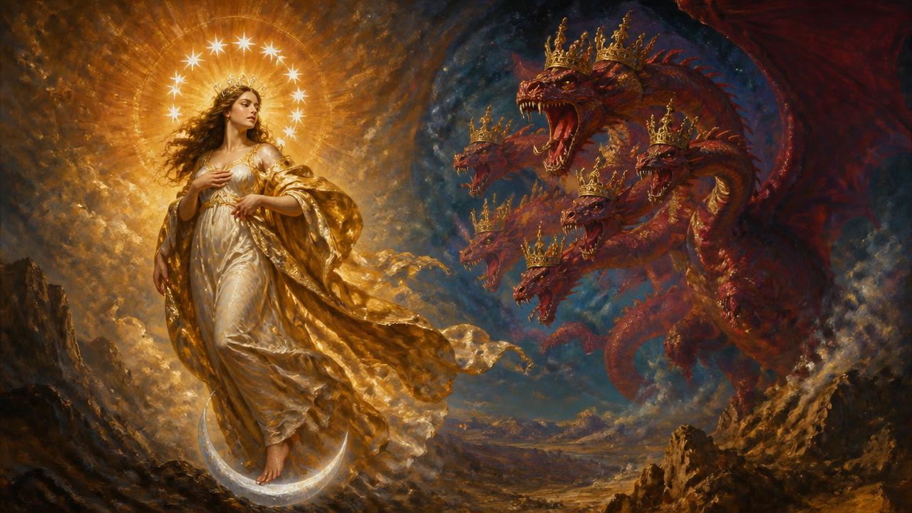 A woman clothed with the sun with a crown of twelve stars, pursued by a great red dragon