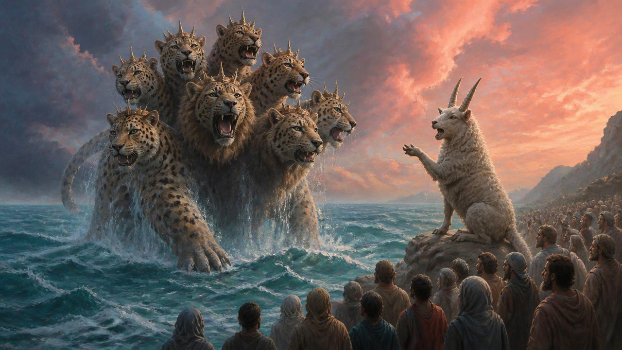 A seven-headed composite beast rising from the sea and a two-horned lamblike beast on the shore