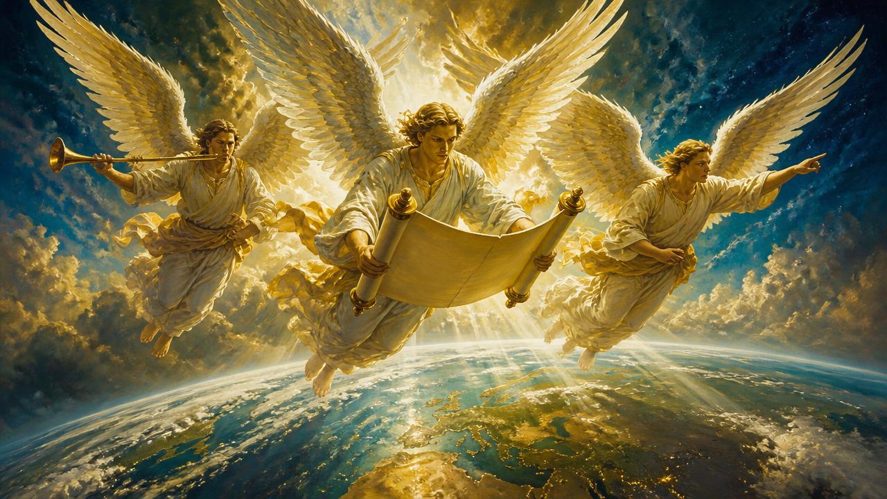 Three radiant angels flying in mid-heaven above the earth, one holding an open scroll