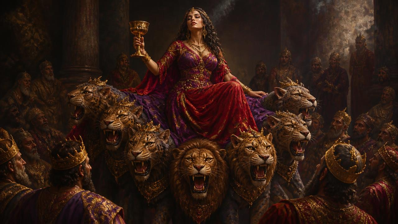 A woman in scarlet and purple holding a golden cup, seated on a seven-headed beast among kings