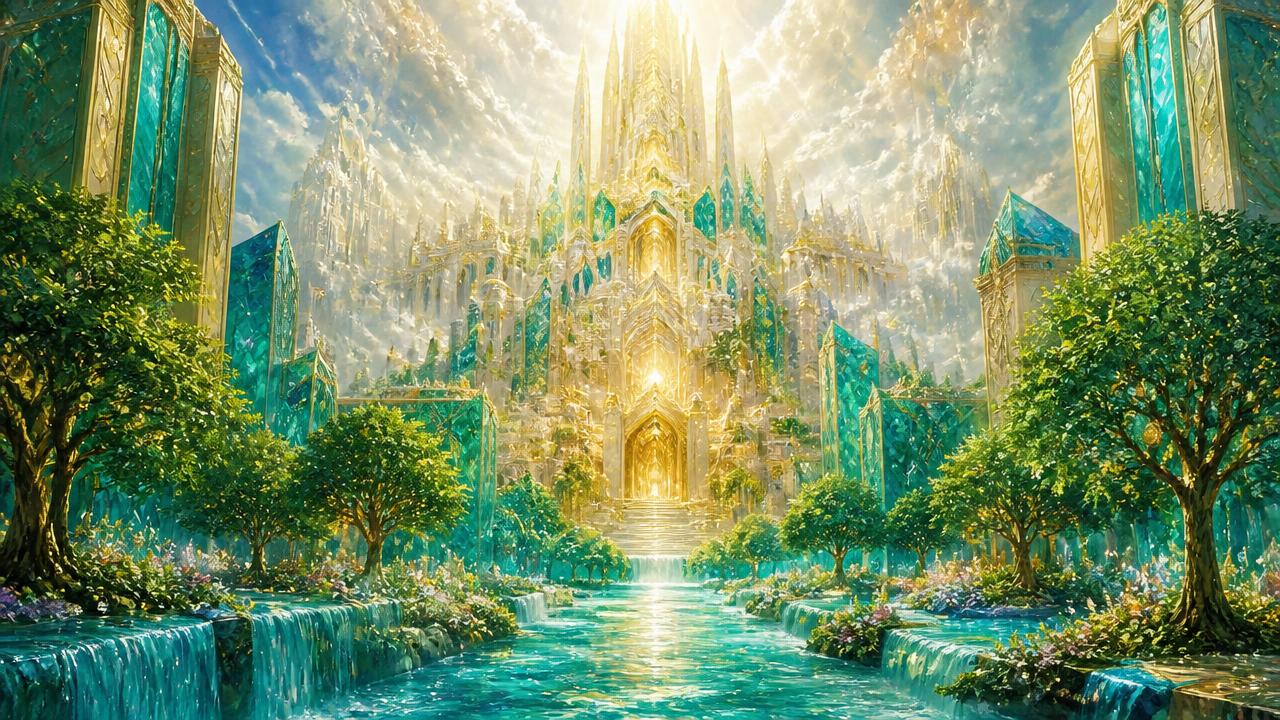 A radiant jeweled city descending from heaven with a river of clear water and trees of life