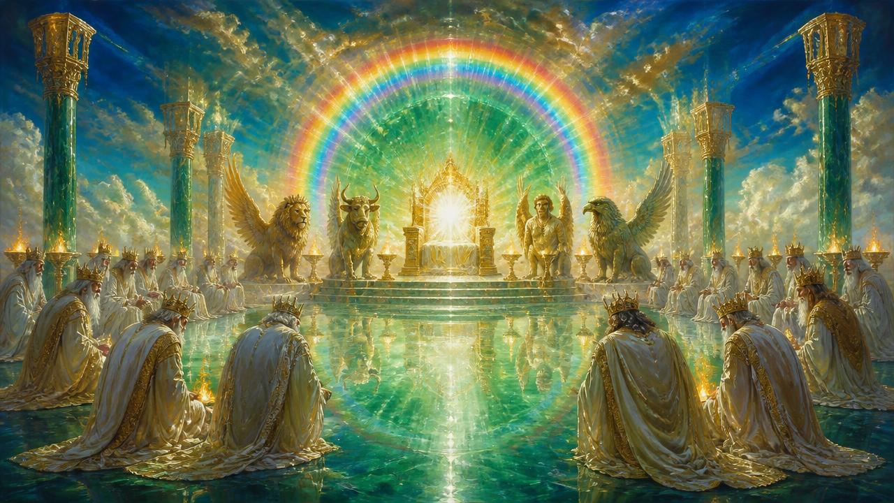 A heavenly throne encircled by a rainbow, a sea of glass, living creatures and elders bowing
