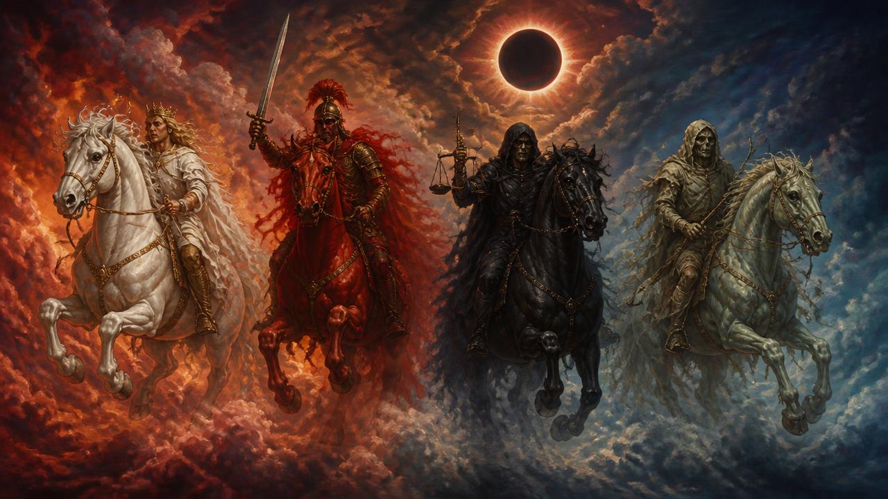 Four horsemen riding across a darkening sky